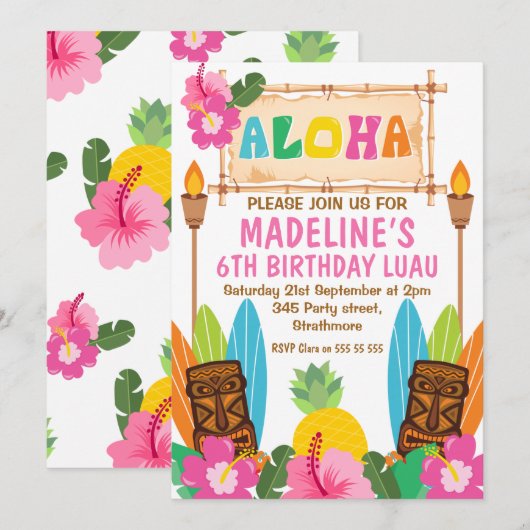 Girls Aloha Luau Birthday Invitation Kaart (Voorkant / Achterkant)