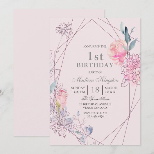 Girls Baby Pink Cute Floral 1e verjaardag Kaart (Voorkant / Achterkant)