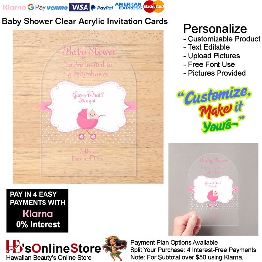 Girl's Baby shower Clear Acryl Uitnodiging Kaart 2