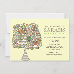Girls Baby shower Owl Cat & Birds Invite Kaart
