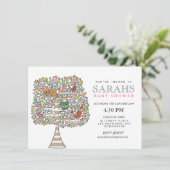 Girls Baby shower Owl Cat & Birds Invite Kaart (Staand voorkant)