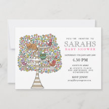Girls Baby shower Owl Cat & Birds Invite