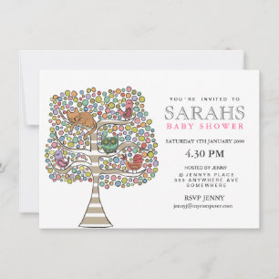 Girls Baby shower Owl Cat & Birds Invite Kaart