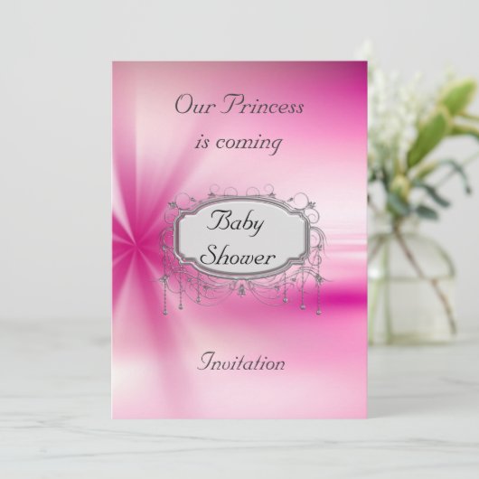 Girls Baby shower Party Pink Silver Invitation Kaart (Staand voorkant)