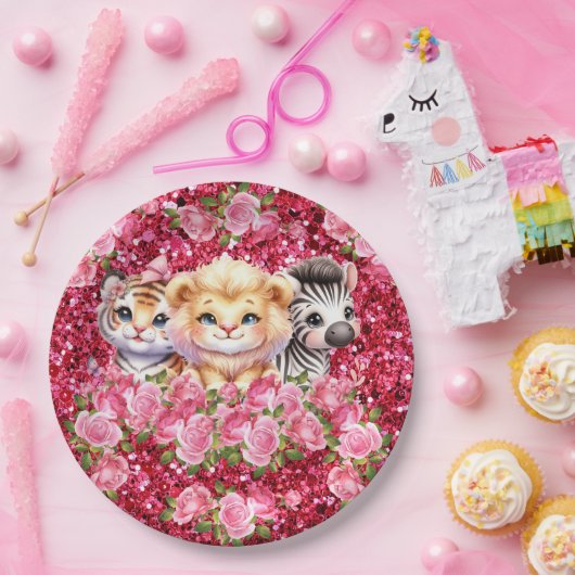 Girl's Baby shower Pink Glitter Wild Animals Papieren Bordje (Feest)
