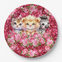 Girl's Baby shower Pink Glitter Wild Animals