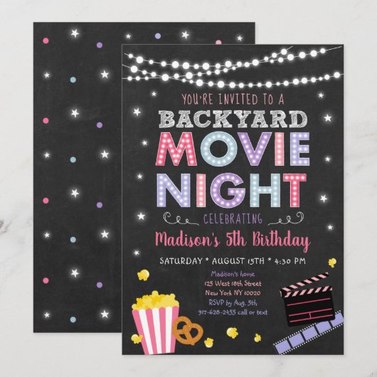 Girls Backyard Movie Night Birthday Uitnodiging (Voorkant / Achterkant)