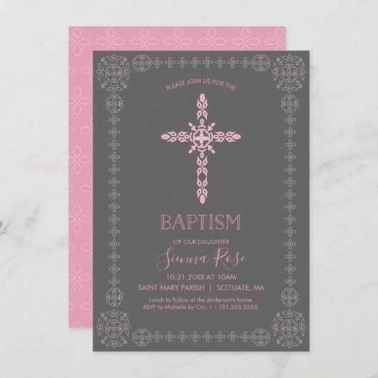 Girls Baptism, Christening Invitation w/Cross Kaart (Voorkant / Achterkant)