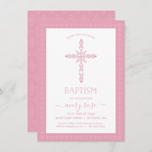 Girls Baptism, Christening Invitation w/Cross Kaart (Voorkant / Achterkant)
