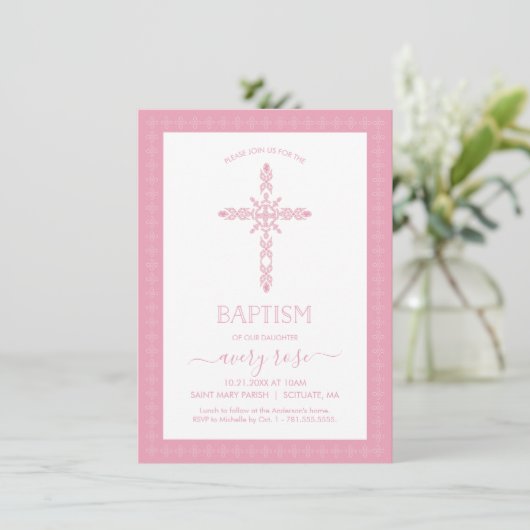 Girls Baptism, Christening Invitation w/Cross Kaart (Staand voorkant)