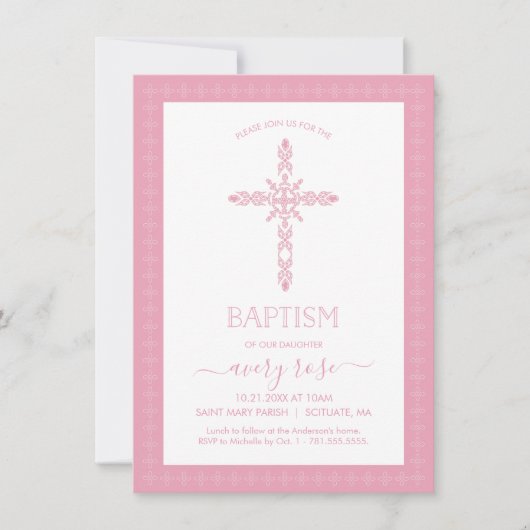 Girls Baptism, Christening Invitation w/Cross Kaart (Voorkant)