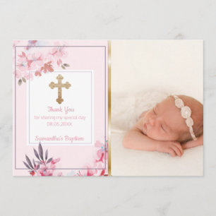 Girls Baptism Dank je   Aangepaste fotoroze Floral Bedankkaart
