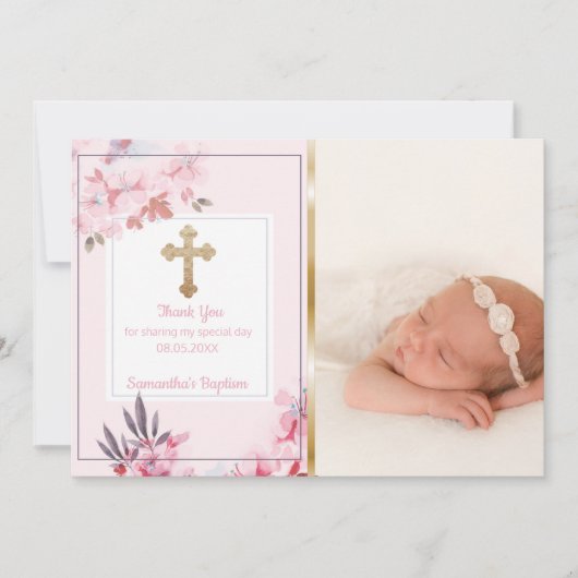 Girls Baptism Dank je | Aangepaste fotoroze Floral Bedankkaart (Voorkant)