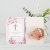 Girls Baptism Dank je | Aangepaste fotoroze Floral Bedankkaart (Staand voorkant)