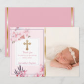 Girls Baptism Dank je | Aangepaste fotoroze Floral Bedankkaart (Voorkant / Achterkant)
