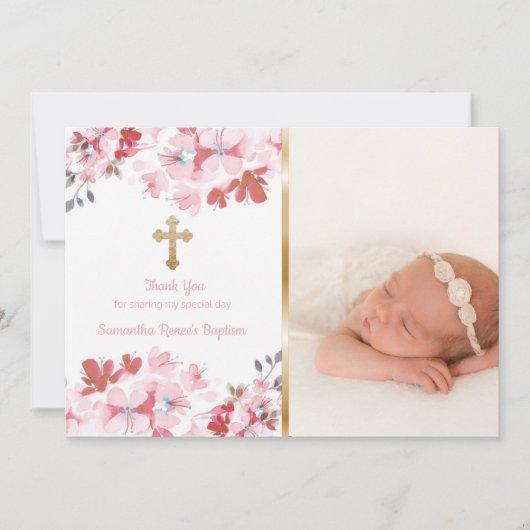 Girls Baptism Dank je | Aangepaste fotoroze Floral Bedankkaart (Voorkant)
