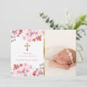 Girls Baptism Dank je | Aangepaste fotoroze Floral Bedankkaart (Staand voorkant)