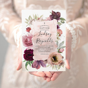 Girls Baptism   Dusty Pink en Burgundy Red Floral Kaart