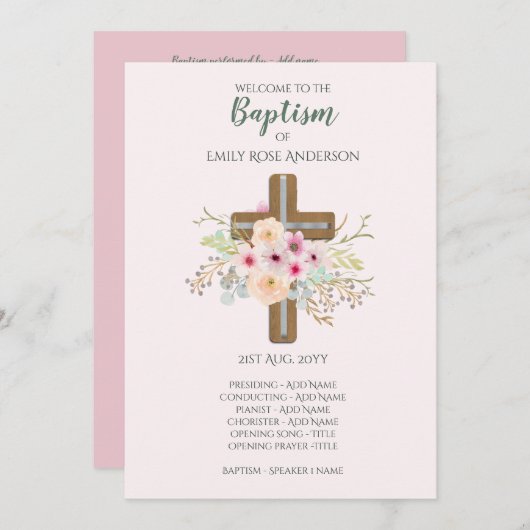 GIRLS Baptism Programme - Floral Cross Programmakaart (Voorkant / Achterkant)
