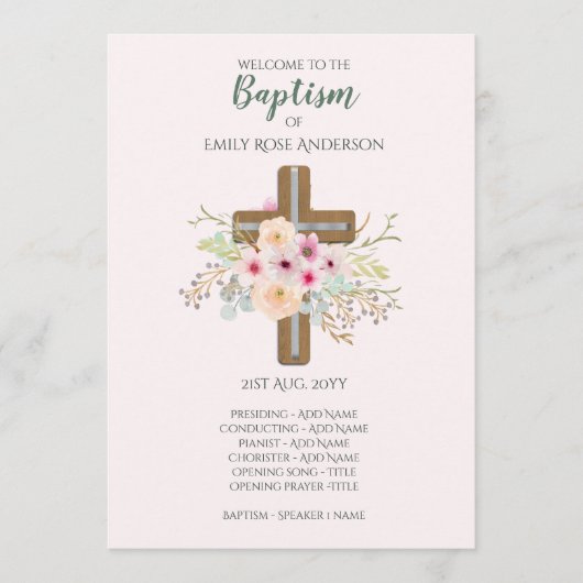 GIRLS Baptism Programme - Floral Cross Programmakaart (Voorkant)