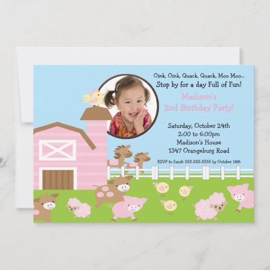 Girls Barn Animal Fun Photo Birthday Invitation Kaart (Voorkant)