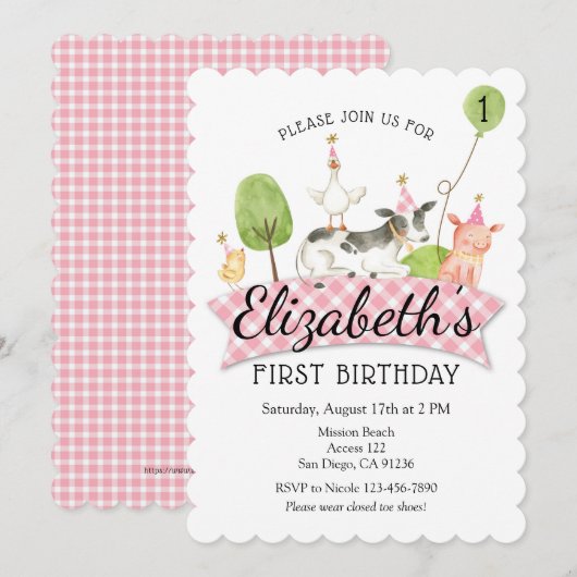 Girls Barnyard 1st Birthday Invitation Kaart (Voorkant / Achterkant)