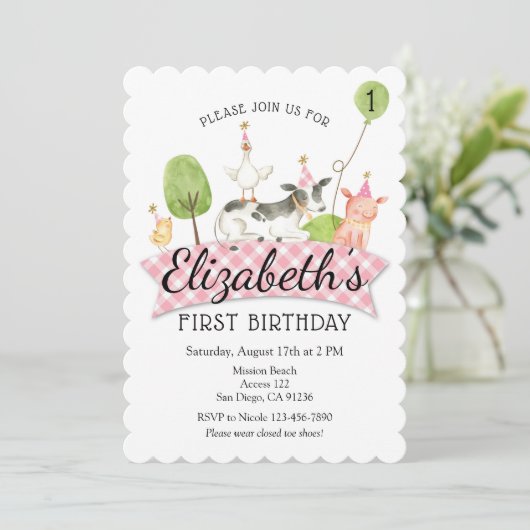 Girls Barnyard 1st Birthday Invitation Kaart (Staand voorkant)