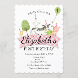 Girls Barnyard 1st Birthday Invitation Kaart