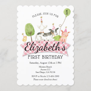 Girls Barnyard 1st Birthday Invitation Kaart