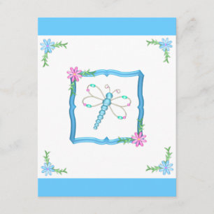 Girls Birthday Blue & White Flowers Dragonfly Kaart