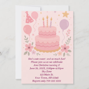 Girls Birthday Cake Party Uitnodiging