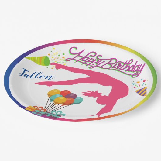 Girls Birthday Gymnastics Handspring Rainbow Trim Papieren Bordje (Gekanteld)