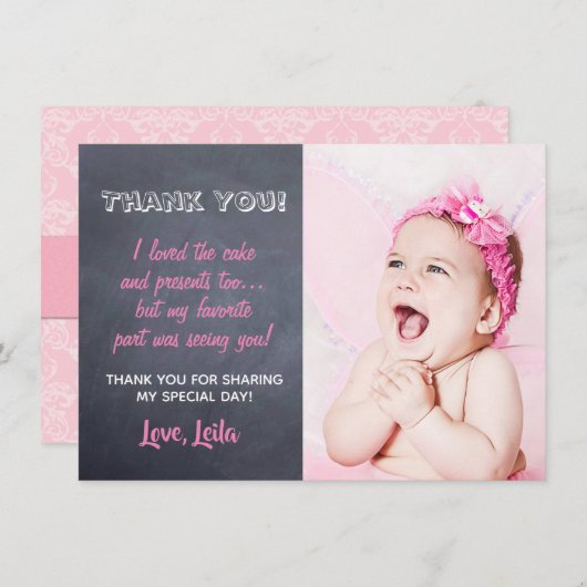 Girls Birthday - Hartelijk dank - Roze karton Bedankkaart (Voorkant / Achterkant)