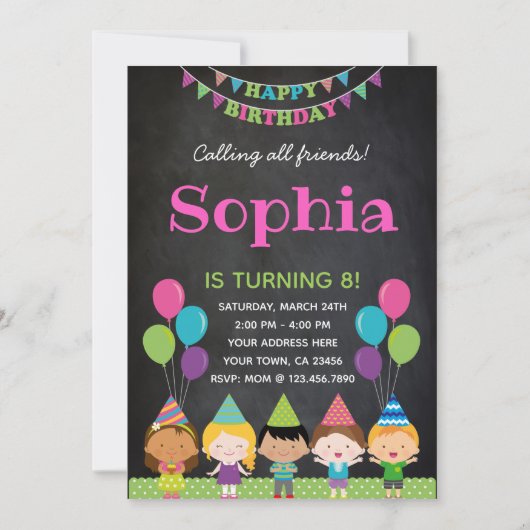 Girls Birthday Invitation Chalkboard Kaart (Voorkant)