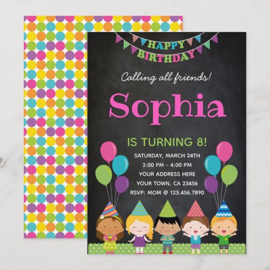 Girls Birthday Invitation Chalkboard Kaart (Voorkant / Achterkant)
