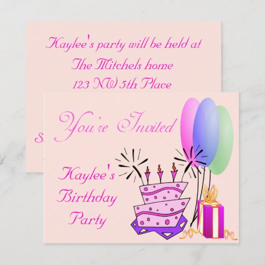 Girls Birthday Invite Kaart (Voorkant / Achterkant)