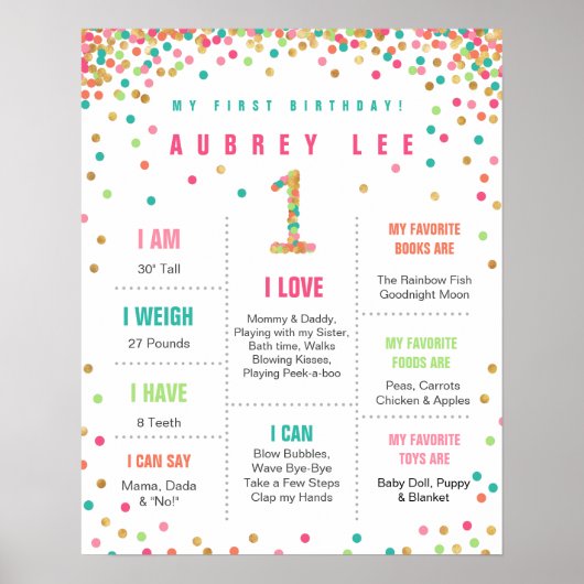 Girls Birthday Mint Blauwgroen Pink First Birthday Poster (Voorkant)