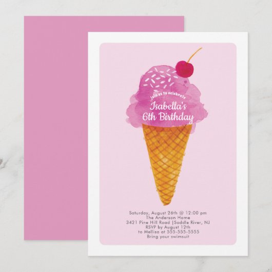Girls Birthday Party Ice Cream Invitation Kaart (Voorkant / Achterkant)