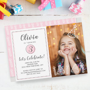 Girls Birthday Party Invitation Photo Candles Cake Kaart