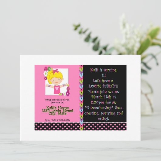 Girls Birthday Party Invitation Rainbow Loom Theme Kaart (Staand voorkant)