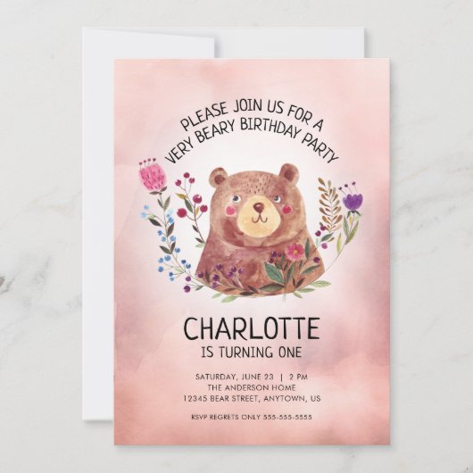 Girl's Birthday Party Leuk Beer en bloemen Kaart (Voorkant)