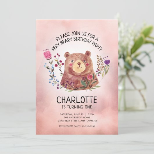 Girl's Birthday Party Leuk Beer en bloemen Kaart (Staand voorkant)