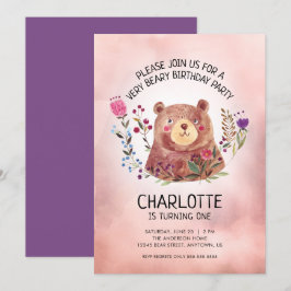 Girl's Birthday Party Leuk Beer en bloemen Kaart