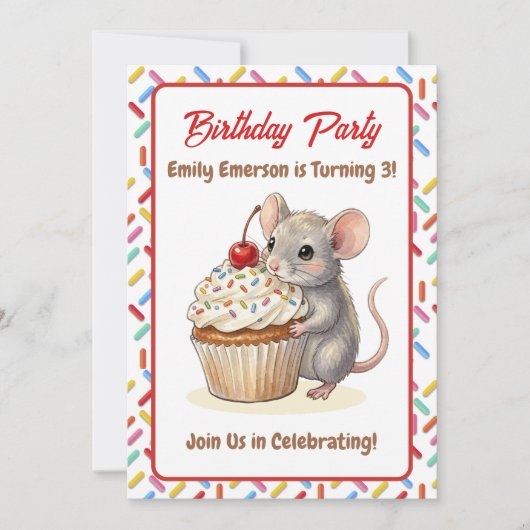 Girl's Birthday Party | Mouse & Cupcake Themed Kaart (Voorkant)