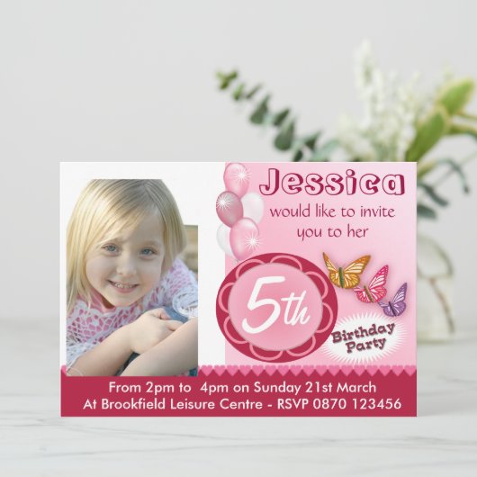Girls Birthday Photo Invitation Balloons - Elke le Kaart (Staand voorkant)