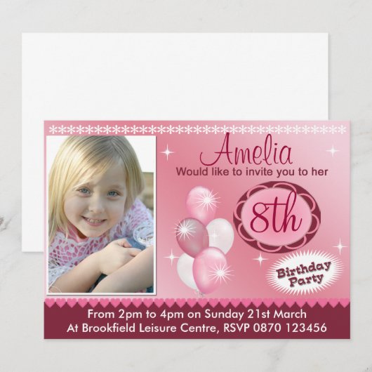 Girls Birthday Photo Invitation - Elke leeftijd Kaart (Voorkant / Achterkant)