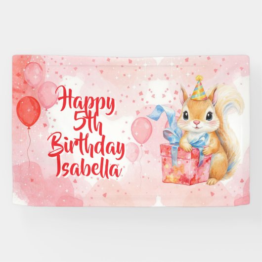 Girl's Birthday Squirrel themed Pink and Red Spandoek (Horizontaal)