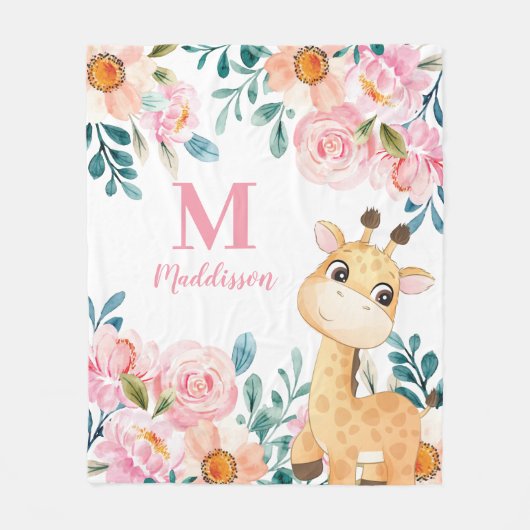 Girls Blanket Floral met Giraffe Monogram Fleece Deken (Voorkant)