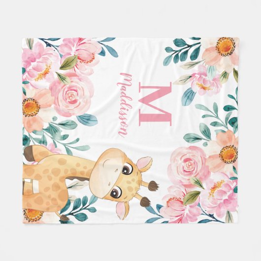 Girls Blanket Floral met Giraffe Monogram Fleece Deken (Voorkant (Horizontaal))