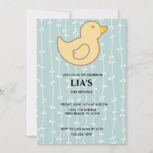 Girls Blue Striped Duck Birthday Party Invitation. Kaart